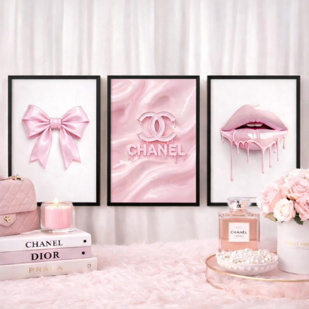 Set of 3 Pink Bows Lips Chanel Print