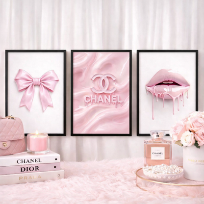 Set of 3 Pink Bows Lips Chanel Print