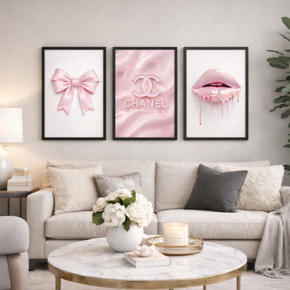 Set of 3 Pink Bows Lips Chanel Print