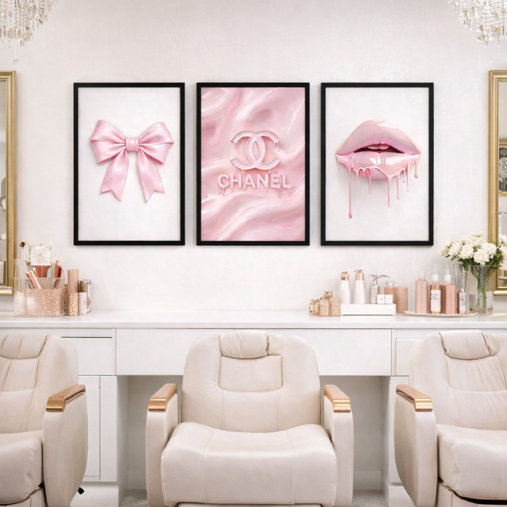 Set of 3 Pink Bows Lips Chanel Print