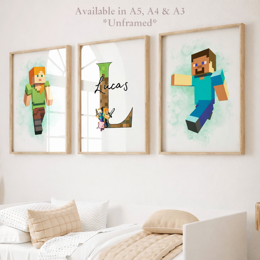 Set of 3 Minecraft Personalised Prints