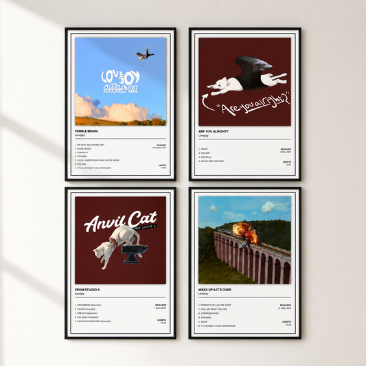 Lovejoy minimalist album cover poster collection featuring Pebble Brain, Are You Alright?, From Studio 4 and Wake Up & It's Over, available individually in A5, A4 and A3 sizes.