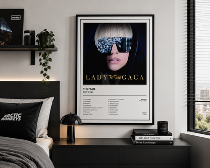 Modern Lady Gaga The Fame album print showcasing the classic album cover and full tracklist, perfect for pop music lovers and gallery walls.