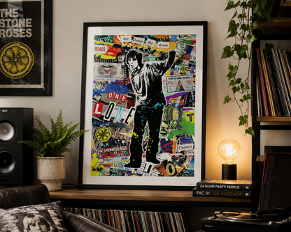 Stone Roses inspired Ian Brown wall art featuring vibrant collage elements, gig posters and Manchester music references.