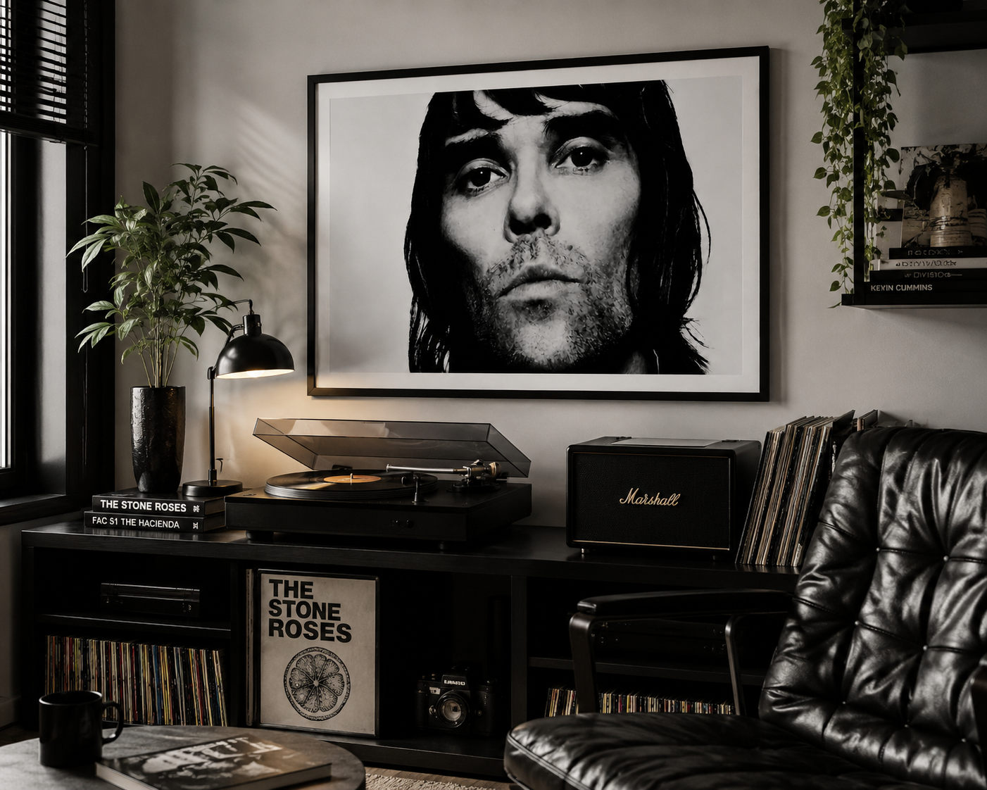 Ian Brown monochrome wall art inspired by The Stone Roses, displayed in a contemporary modern interior.