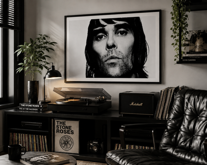 Ian Brown monochrome wall art inspired by The Stone Roses, displayed in a contemporary modern interior.