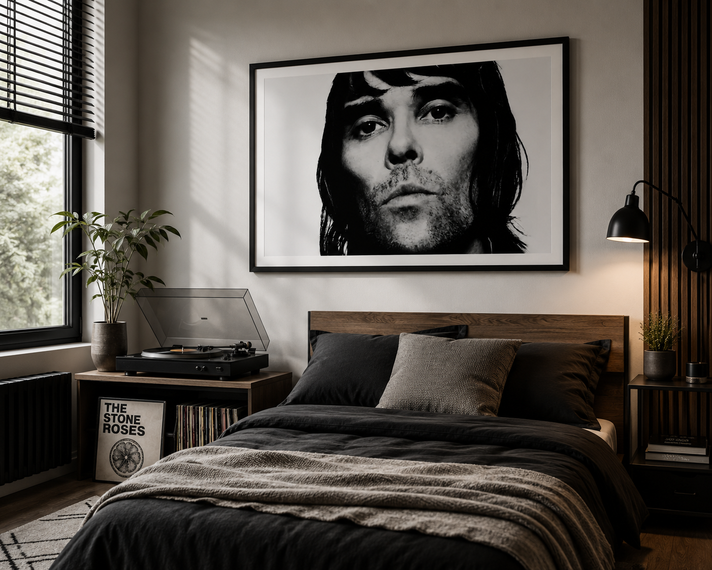Minimalist Ian Brown portrait print featuring striking black and white photography for indie music lovers.