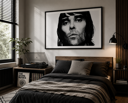 Minimalist Ian Brown portrait print featuring striking black and white photography for indie music lovers.