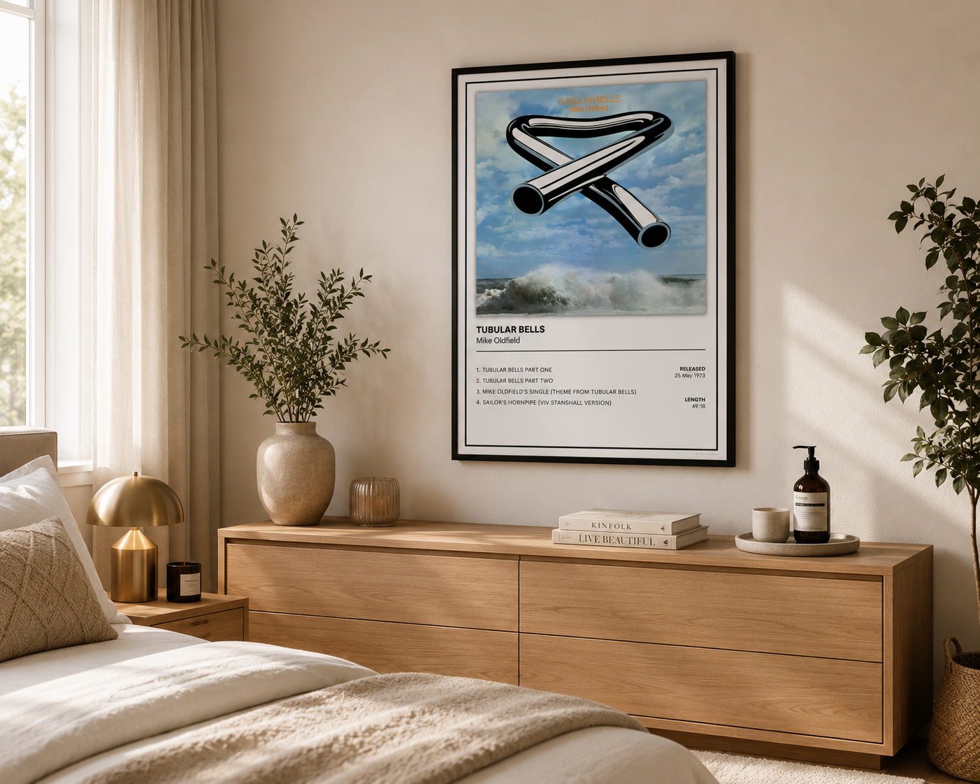 Modern Mike Oldfield Tubular Bells music poster featuring the iconic album artwork, perfect for living rooms, music rooms and vinyl-inspired interiors.
