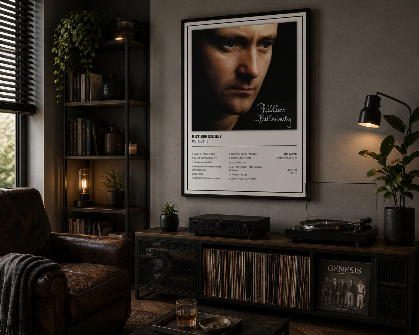 Minimalist Phil Collins ...But Seriously music poster displayed in a warm contemporary bedroom, perfect for classic rock fans, vinyl collectors and stylish home interiors.