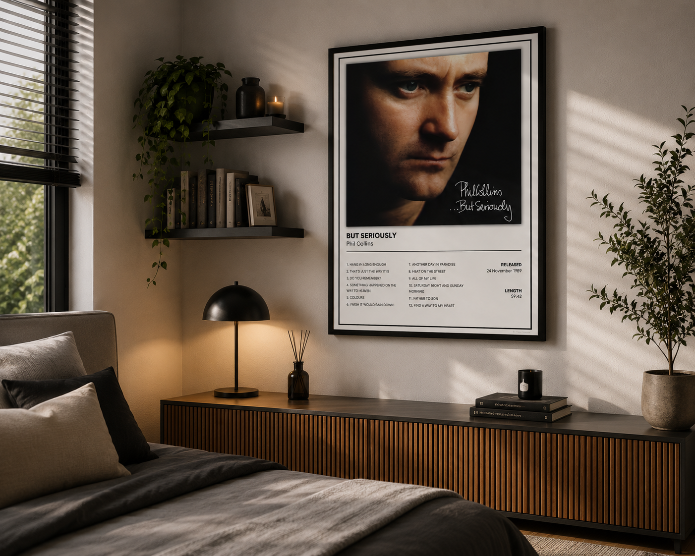 Phil Collins ...But Seriously album poster styled above a vinyl record player in a sophisticated music room, creating timeless classic rock-inspired wall décor.