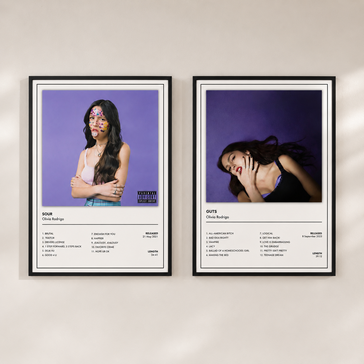 Olivia Rodrigo SOUR and GUTS album cover print collection minimalist music wall art available individually.