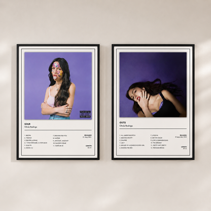 Olivia Rodrigo SOUR and GUTS album cover print collection minimalist music wall art available individually.