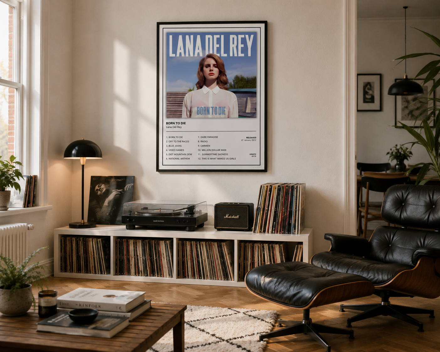 Premium Lana Del Rey Born To Die album poster framed in a contemporary living space, perfect for indie pop music lovers and gallery walls.