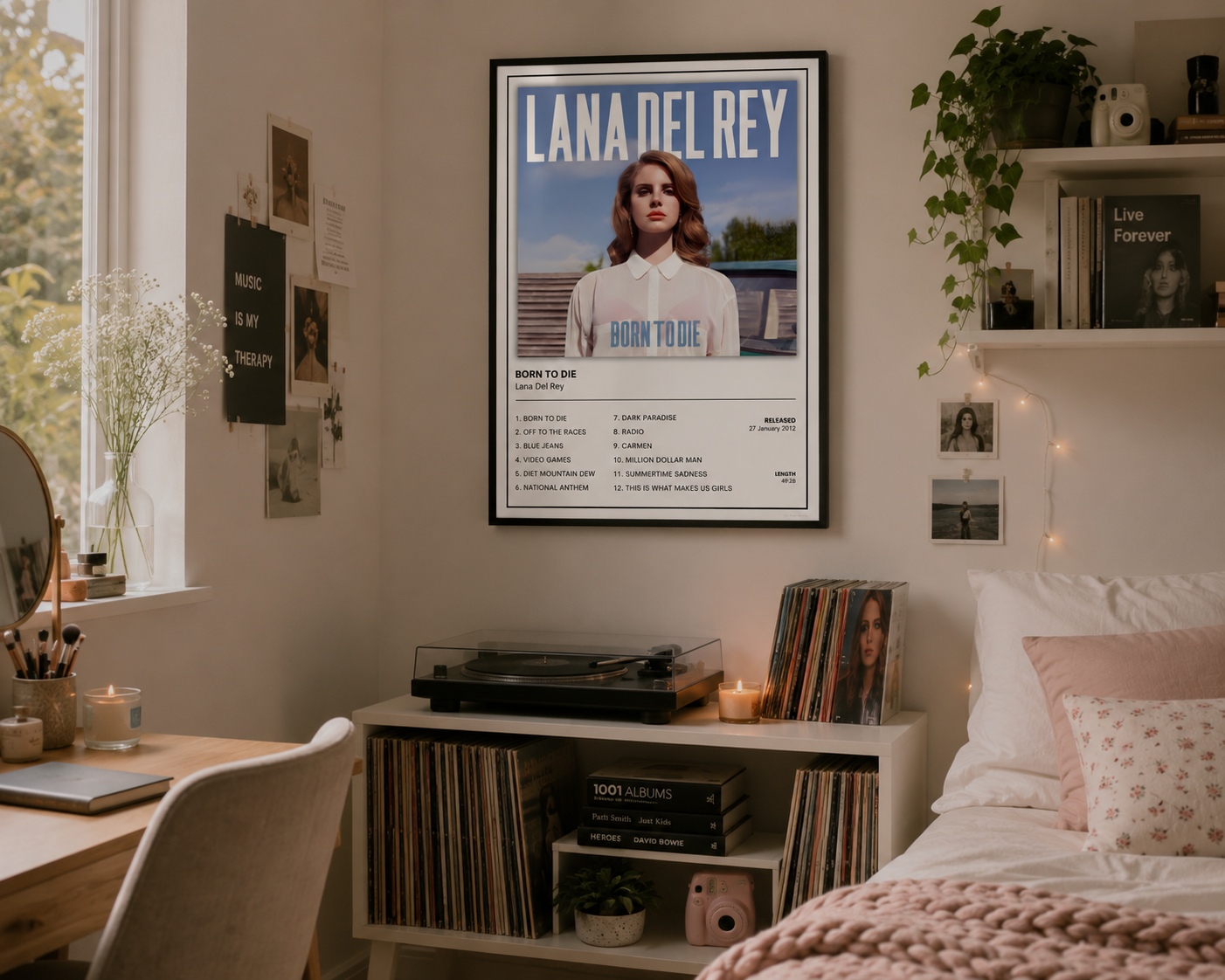 Lana Del Rey Born To Die wall art print in a stylish minimalist home interior featuring a vinyl record display and neutral furnishings.