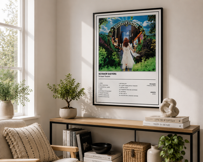Minimalist Scissor Sisters album cover print displayed in a bright contemporary living room, perfect for pop rock and glam music lovers.