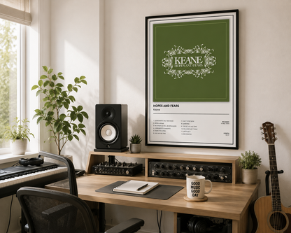 Minimalist Keane Hopes and Fears album cover print inspired by the classic 2004 album, perfect for indie rock fans and modern home décor.