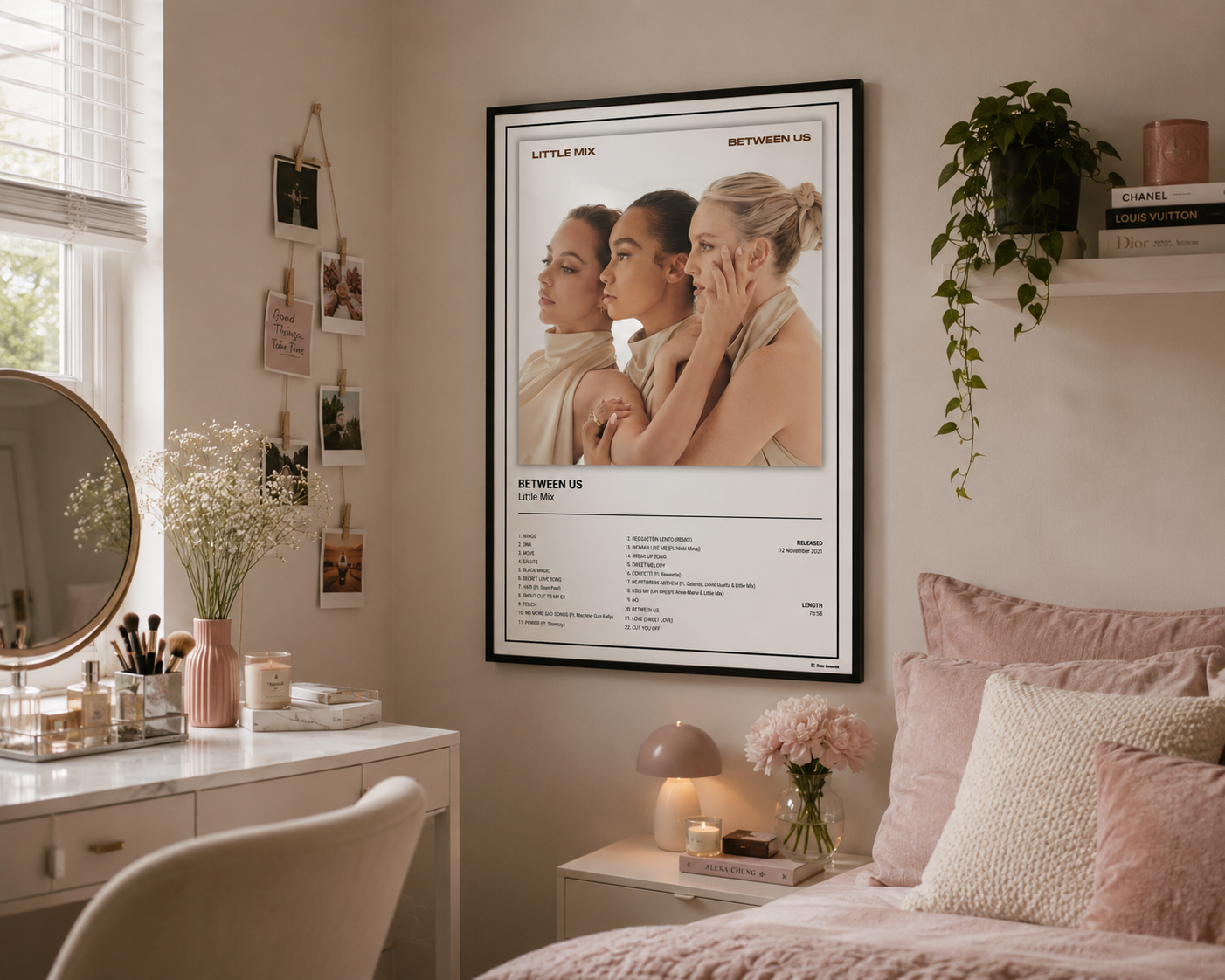 Little Mix Between Us wall art print in a contemporary Scandinavian-inspired lounge featuring a record player and minimalist furnishings.