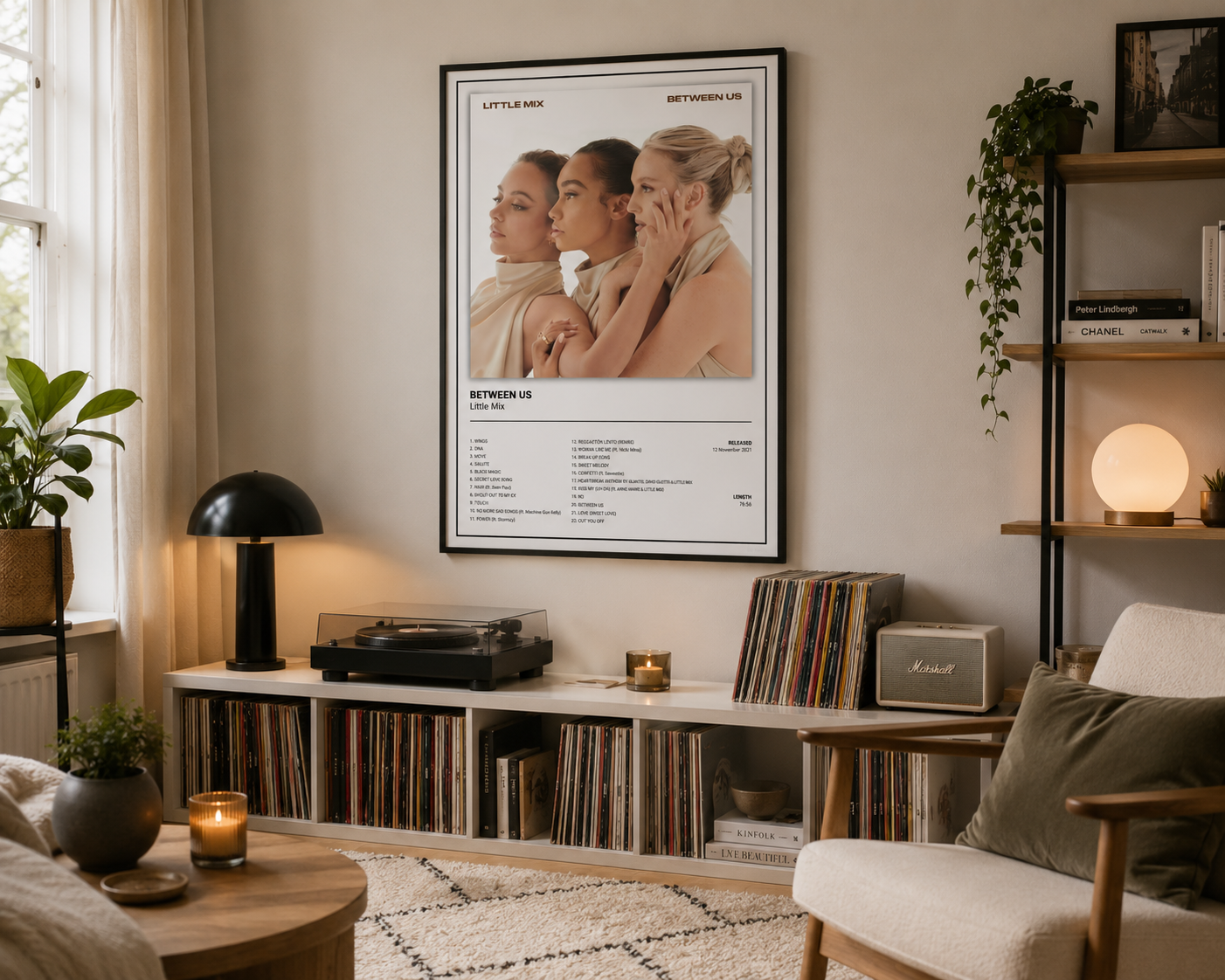 Premium Little Mix Between Us album poster framed in a bright modern living space, perfect for pop music lovers and gallery wall décor.