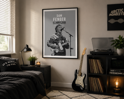 Minimalist Sam Fender gig setlist wall art featuring the iconic St James' Park Newcastle concert, styled in a modern music lover's bedroom.