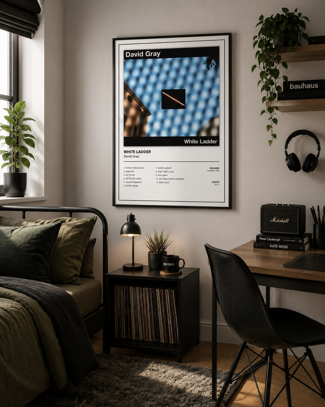 Minimalist David Gray White Ladder wall art featuring the iconic album cover and complete tracklist, styled in a stylish music-inspired bedroom workspace.