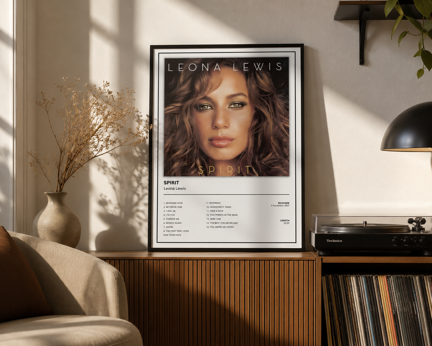 Minimalist Leona Lewis Spirit wall art featuring the iconic album cover and full tracklist, styled in a stylish contemporary living space.