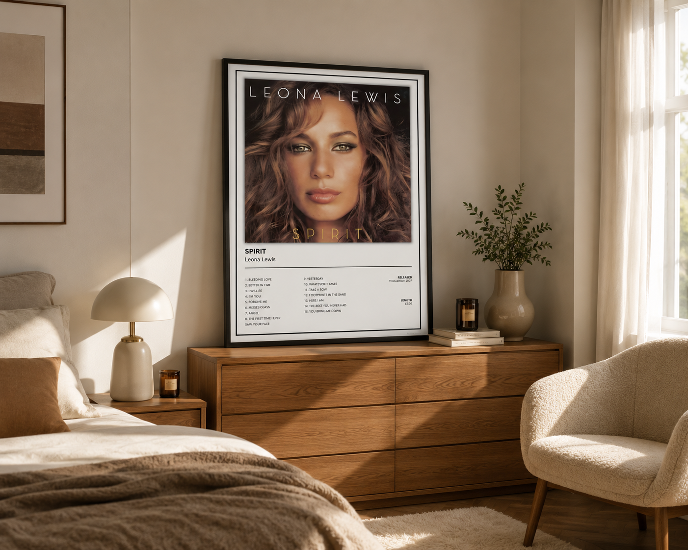 Premium Leona Lewis Spirit album poster print showcasing the complete track listing, displayed in a modern music room with vinyl records and elegant neutral interiors.