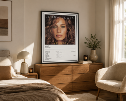 Premium Leona Lewis Spirit album poster print showcasing the complete track listing, displayed in a modern music room with vinyl records and elegant neutral interiors.