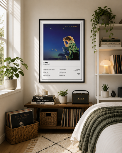 Minimalist Simply Red Stars wall art featuring the iconic album cover and complete tracklist, styled in a cosy music-inspired bedroom with neutral interiors.