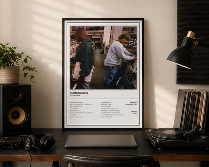 DJ Shadow Endtroducing hip hop album poster displayed in a modern music studio