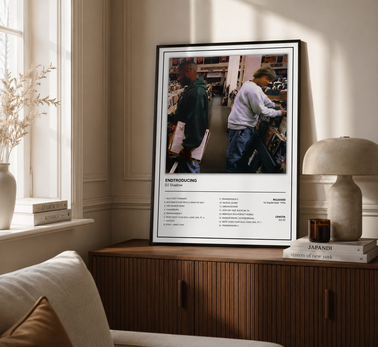DJ Shadow Endtroducing album tracklist wall art framed in a modern living room