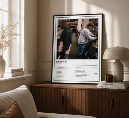 DJ Shadow Endtroducing album tracklist wall art framed in a modern living room