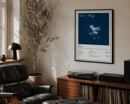 Joni Mitchell Blue album print displayed in a stylish mid-century inspired listening room with vinyl records, turntable and minimalist black frame wall art.