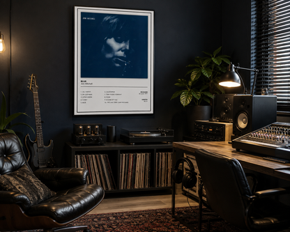 Framed Joni Mitchell Blue music poster showcased in a modern home music studio featuring record player, audio equipment and contemporary neutral décor.
