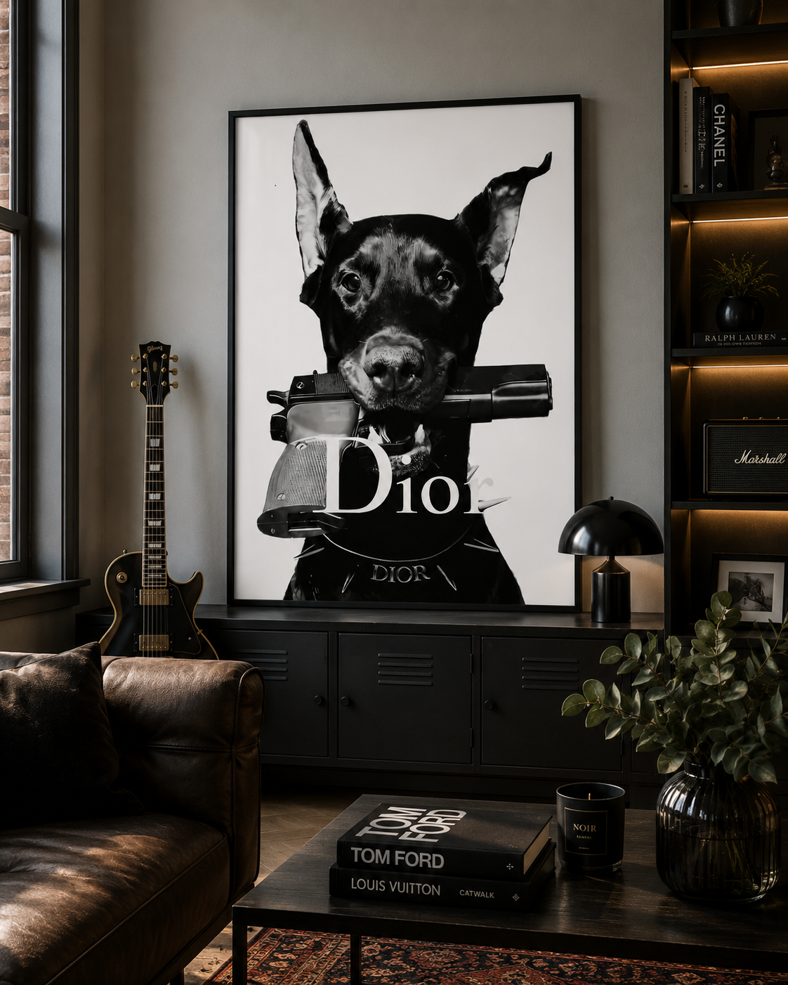 Luxury black and white dog wall art featuring a fashionable Doberman creating a bold statement in a contemporary home.