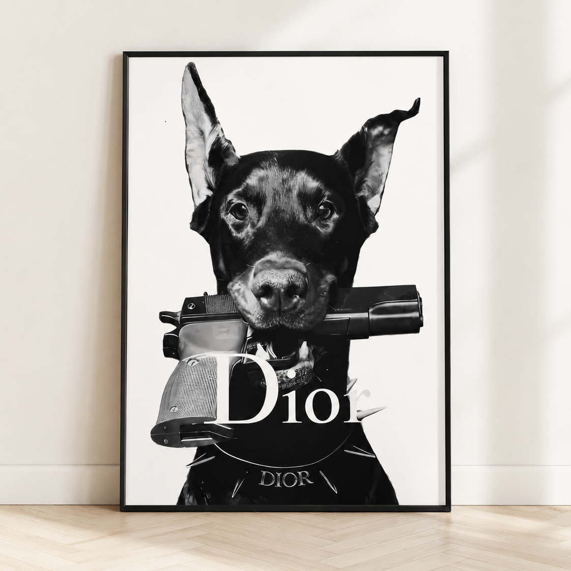 Black and white Doberman fashion wall art in a sleek black frame styled in a contemporary luxury living room.