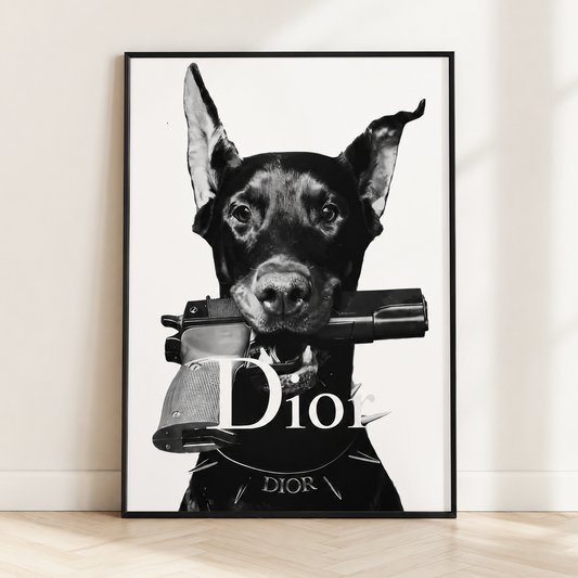 Black and white Doberman fashion wall art in a sleek black frame styled in a contemporary luxury living room.