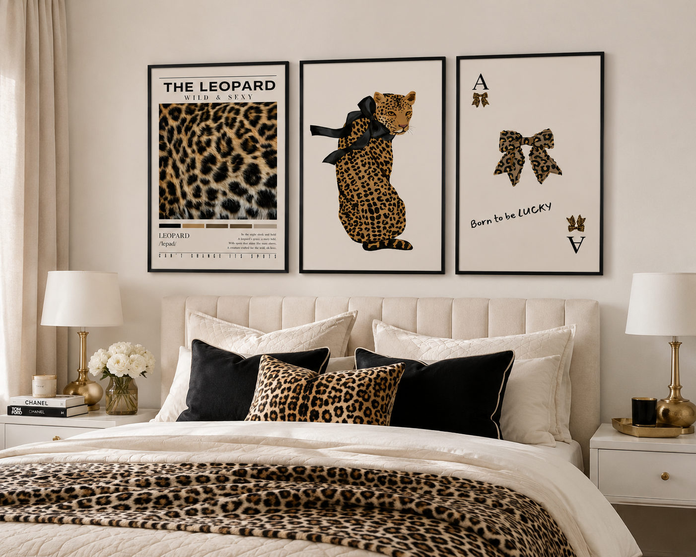 Designer-inspired leopard wall art collection in sleek black frames, styled in a light neutral bedroom with boutique hotel décor and contemporary furnishings.