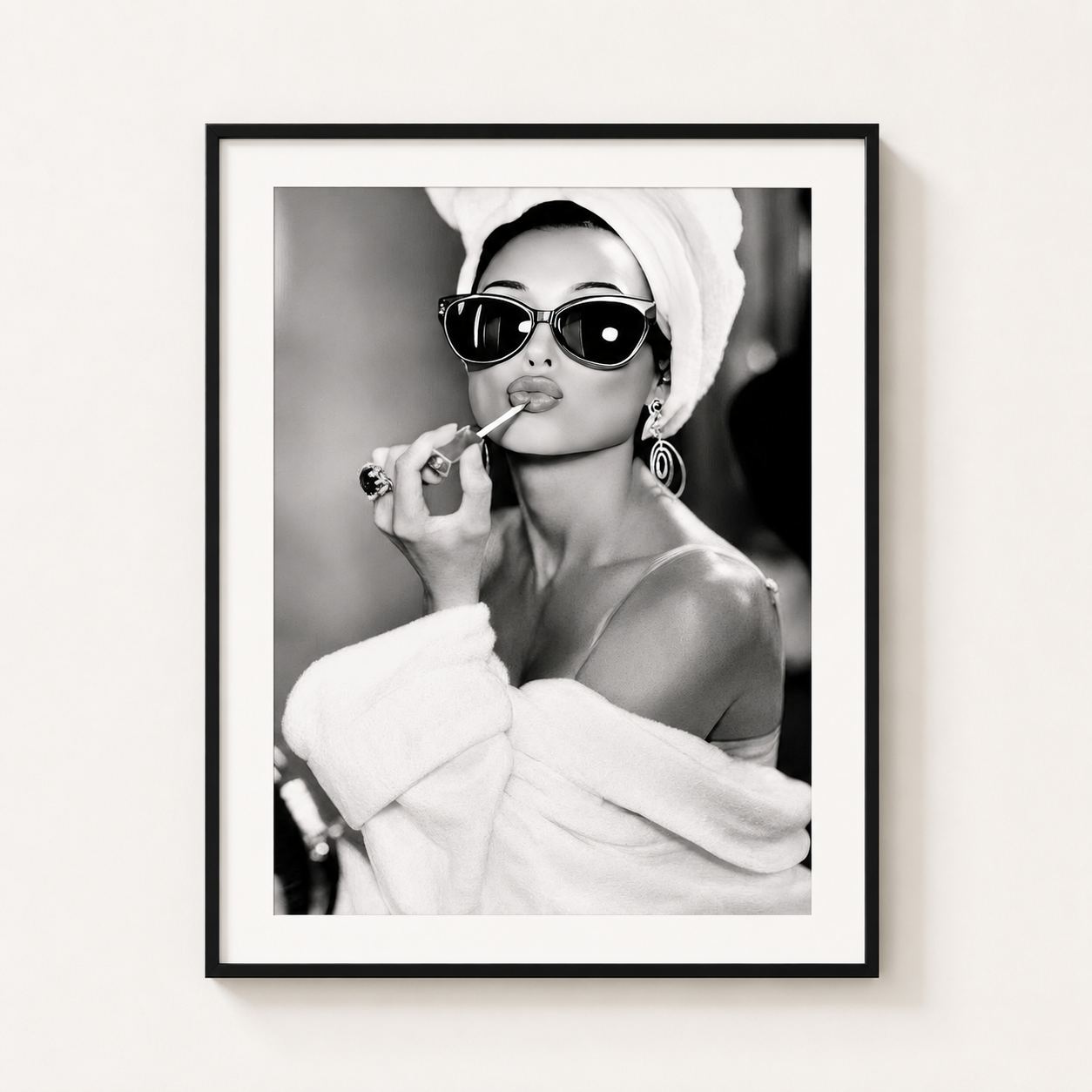 Audrey Hepburn inspired monochrome fashion wall art print featuring glamorous Hollywood styling with oversized sunglasses.
