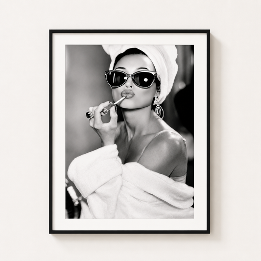 Audrey Hepburn inspired monochrome fashion wall art print featuring glamorous Hollywood styling with oversized sunglasses.