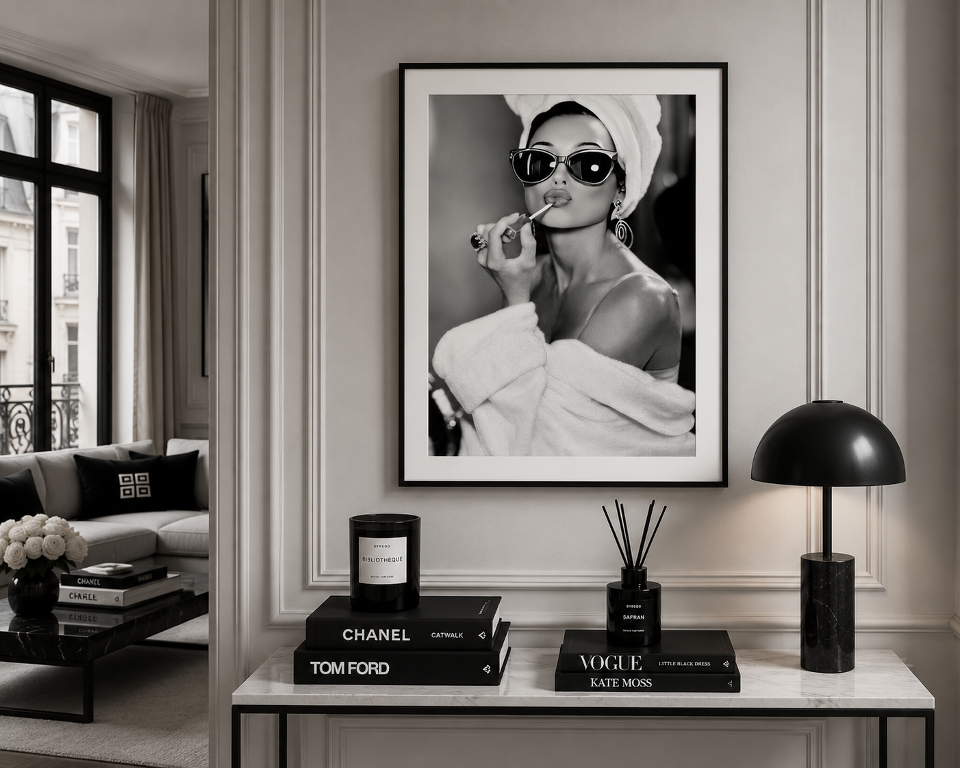 Luxury Audrey Hepburn inspired black and white portrait wall art for elegant bedrooms, dressing rooms and boutique interiors.