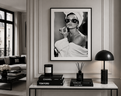 Luxury Audrey Hepburn inspired black and white portrait wall art for elegant bedrooms, dressing rooms and boutique interiors.