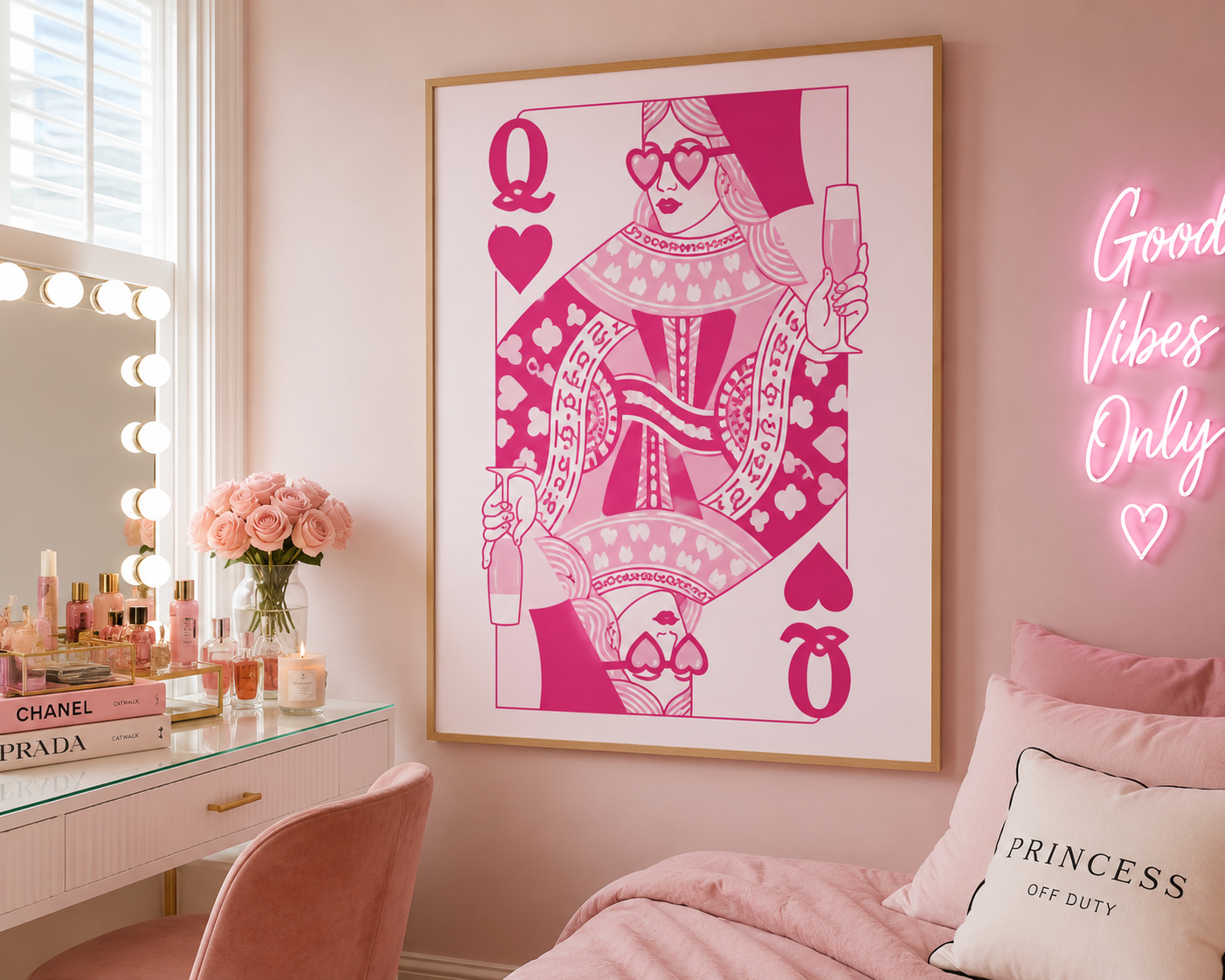 Coquette Queen of Hearts pink graphic wall art print displayed in a modern preppy home interior.