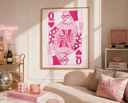 Pink Queen of Hearts playing card wall art in a stylish feminine living room with luxury décor.