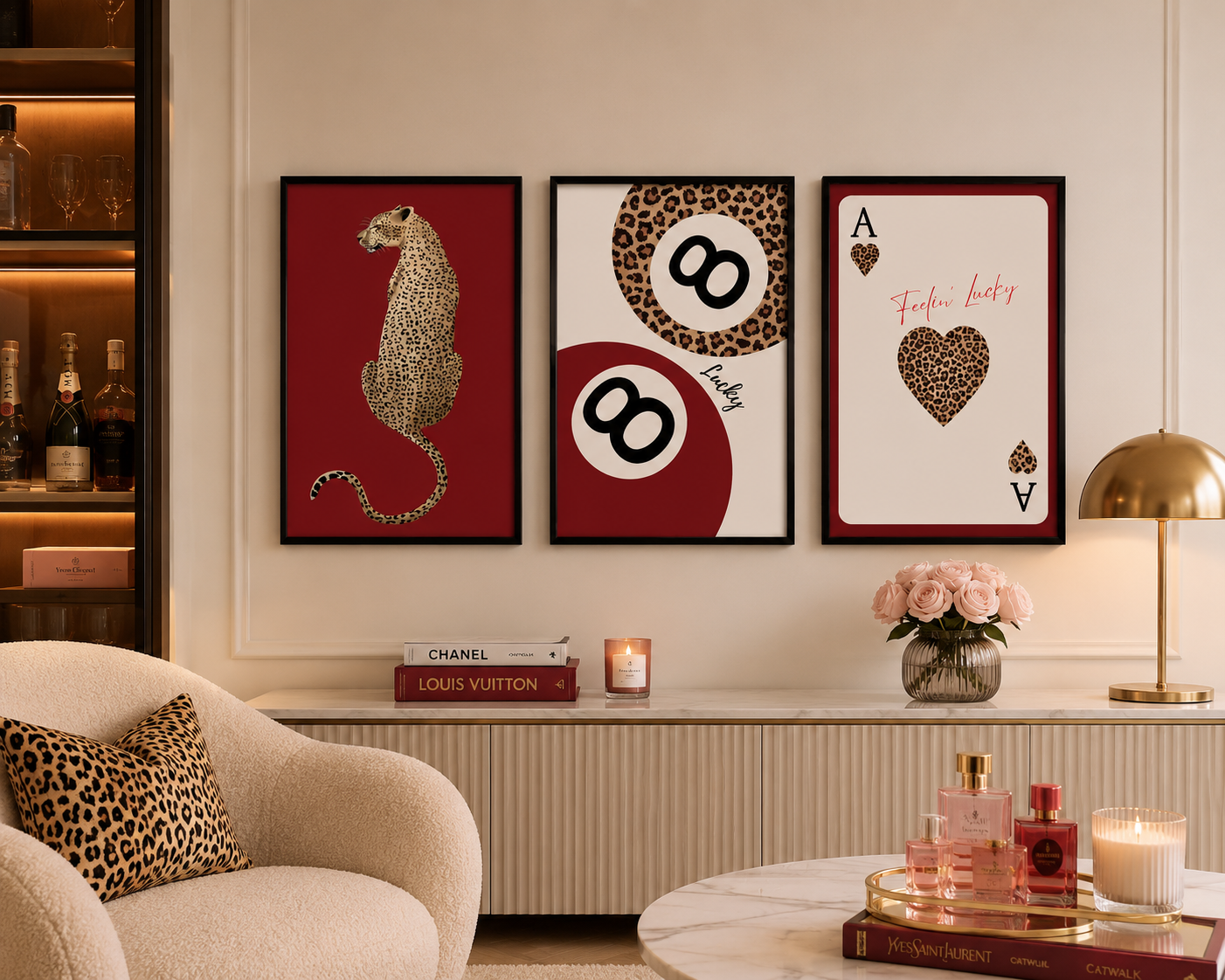 Modern leopard gallery wall prints with red luxury fashion artwork for living room, bedroom and home bar interiors.