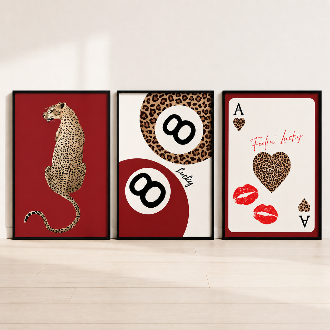 Luxury red leopard wall art set of 3 featuring fashion inspired animal prints and casino playing card gallery wall decor.