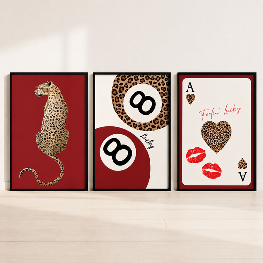 Luxury red leopard wall art set of 3 featuring fashion inspired animal prints and casino playing card gallery wall decor.