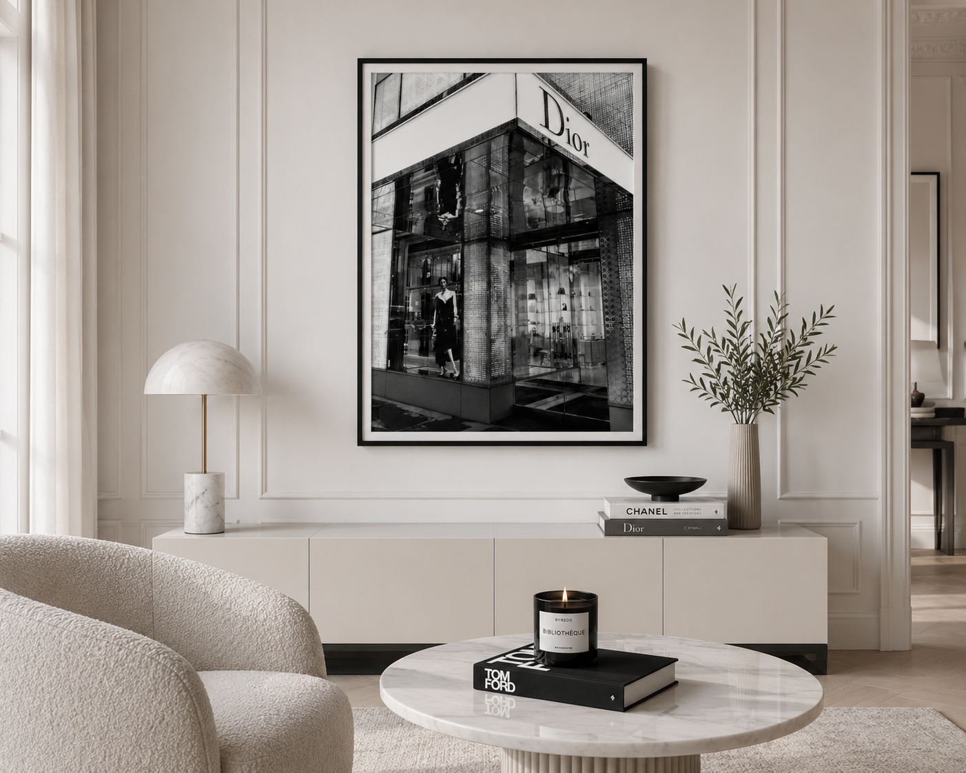 Elegant Dior Paris wall art featuring the iconic designer boutique in stylish black and white.