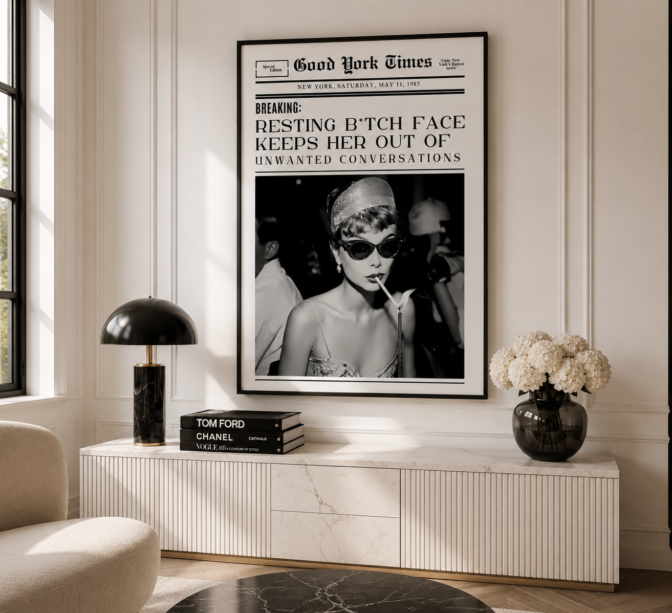 Luxury black and white editorial newspaper wall art print for modern bedroom, dressing room and fashion-inspired interiors.