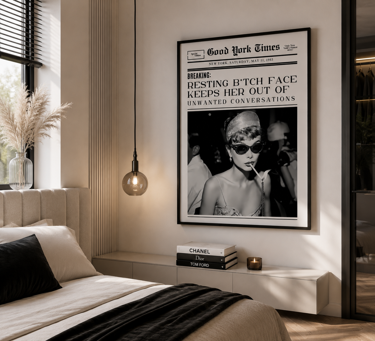 Monochrome fashion newspaper poster with Audrey Hepburn inspired aesthetic styled in an elegant contemporary bedroom.